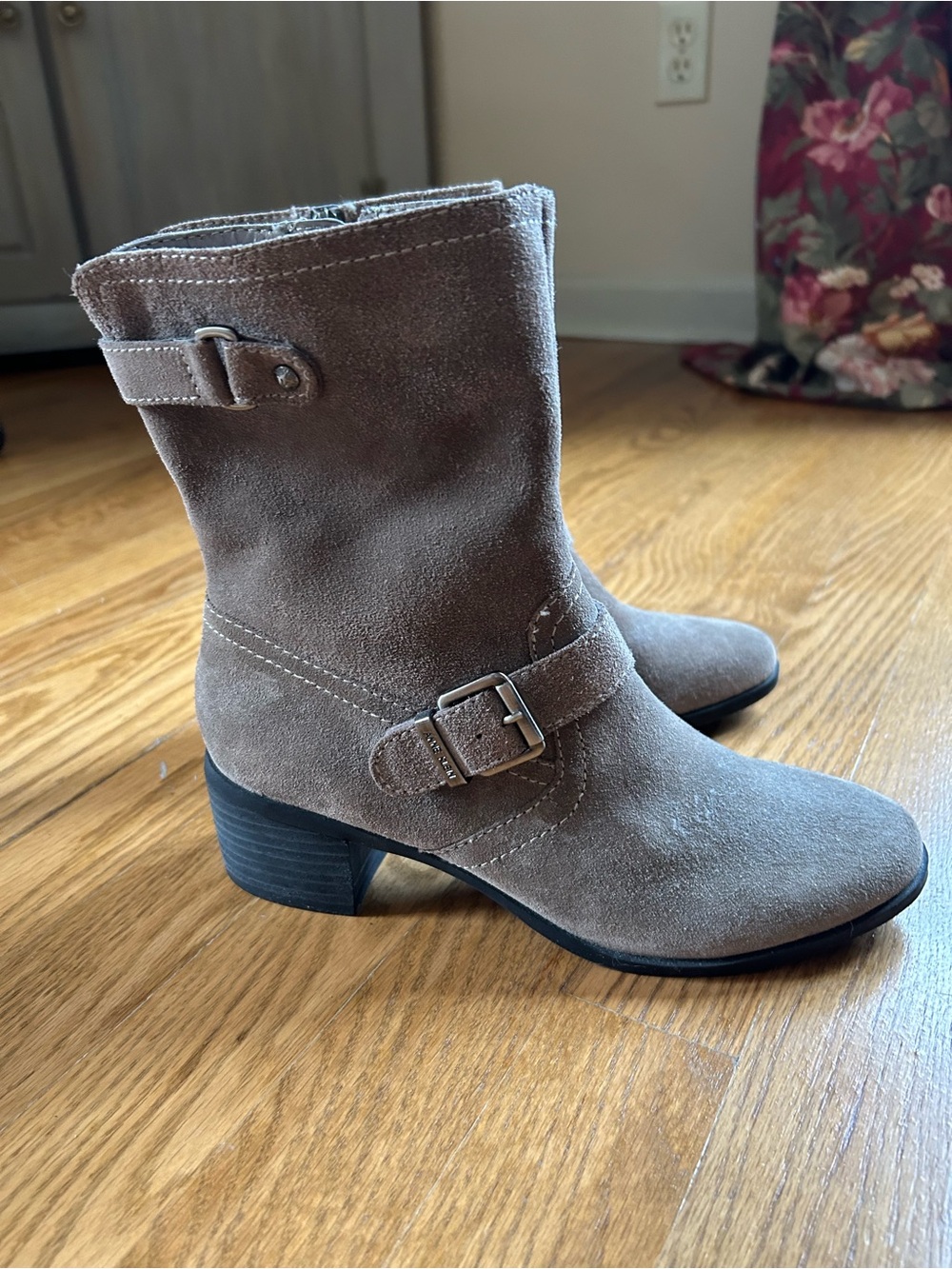 Anne Klein Taupe Suede Mid-Calf Buckle Heeled Boots
